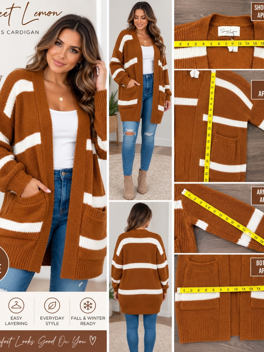 Women’s Rust Brown & White Striped Open Cardigan